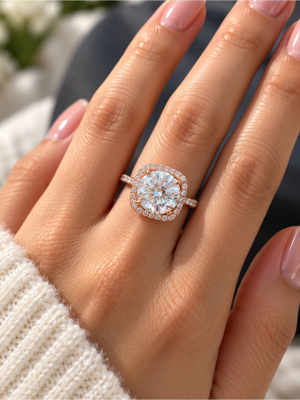 4 CT Moissanite Rose Gold Plated Halo Ring – Adjustable